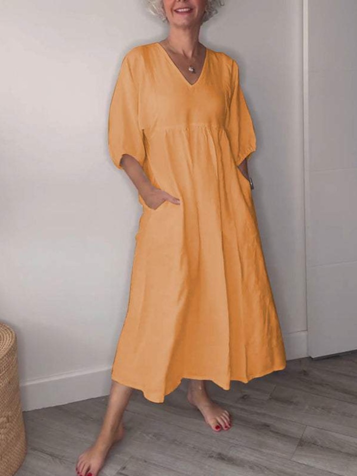 Women's V-neck Solid Color Mid-length Sleeve Cotton and Linen Dress-Comfort & Reliable
