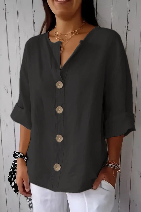 Solid Color V-neck Loose Button Top-Comfort & Reliable