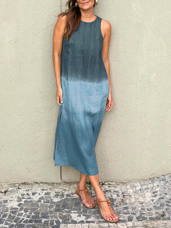 Women's casual cotton and linen sleeveless slit gradient tie-dye long dress-Comfort & Reliable