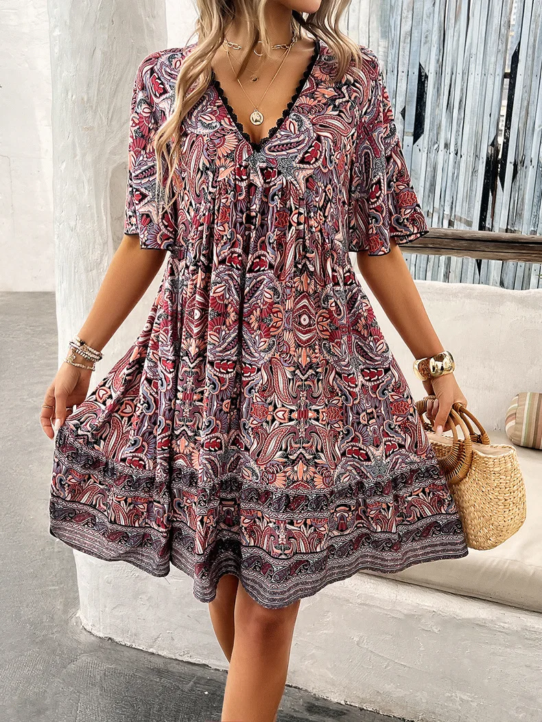 Women's Bohemian Contrast Print V-Neck Short Sleeve Dress-Comfort & Reliable