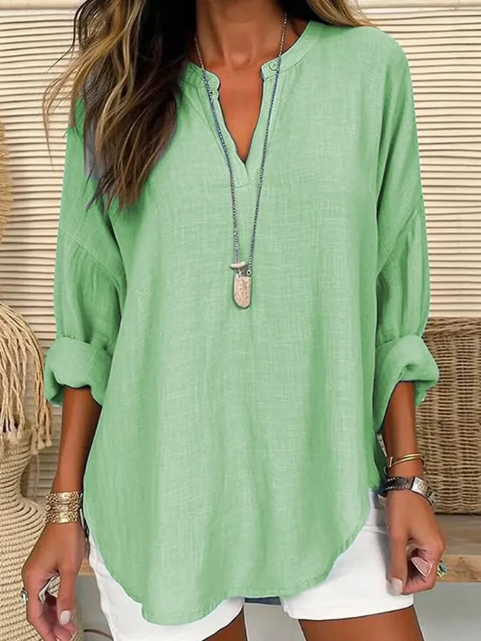 Women's Cotton Long Sleeve Round Neck Solid Color Loose Beach Shirt-Comfort & Reliable
