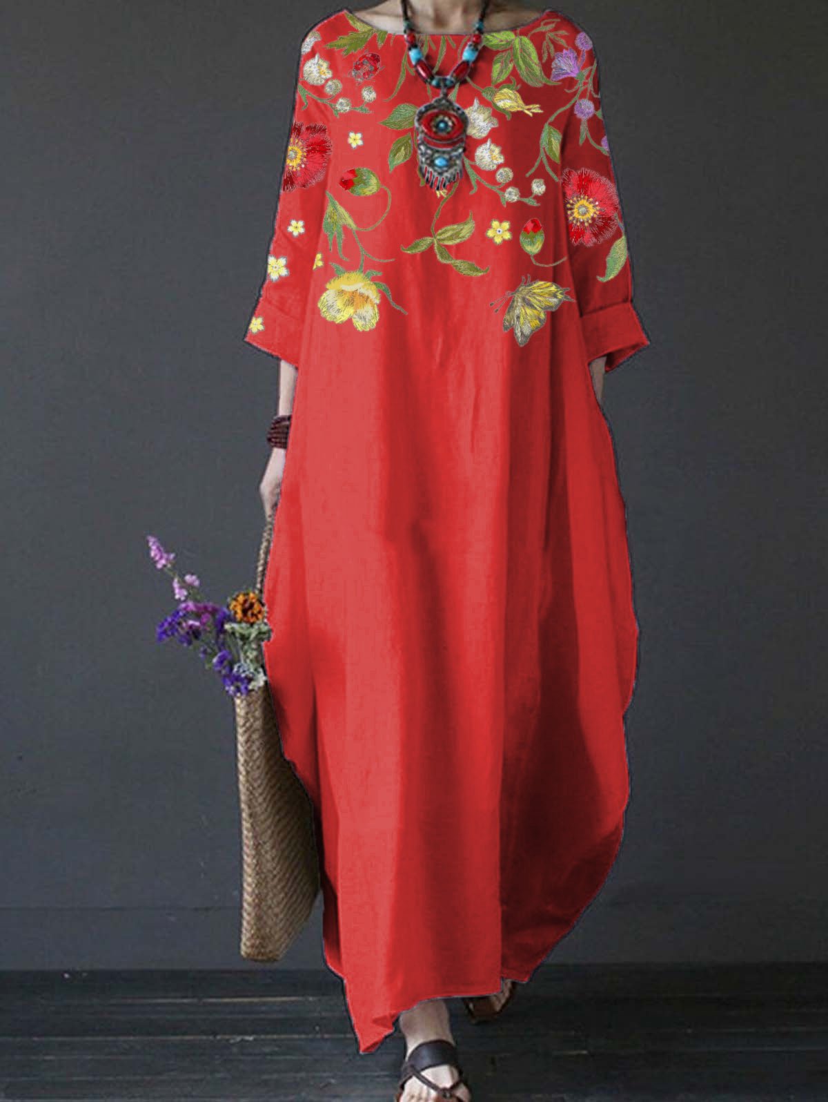Women's Floral Print Cotton And Linen Loose Plus Size Dress-Comfort & Reliable