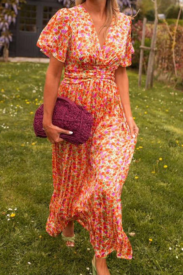 Women's printed waist V-neck long dress-Comfort & Reliable