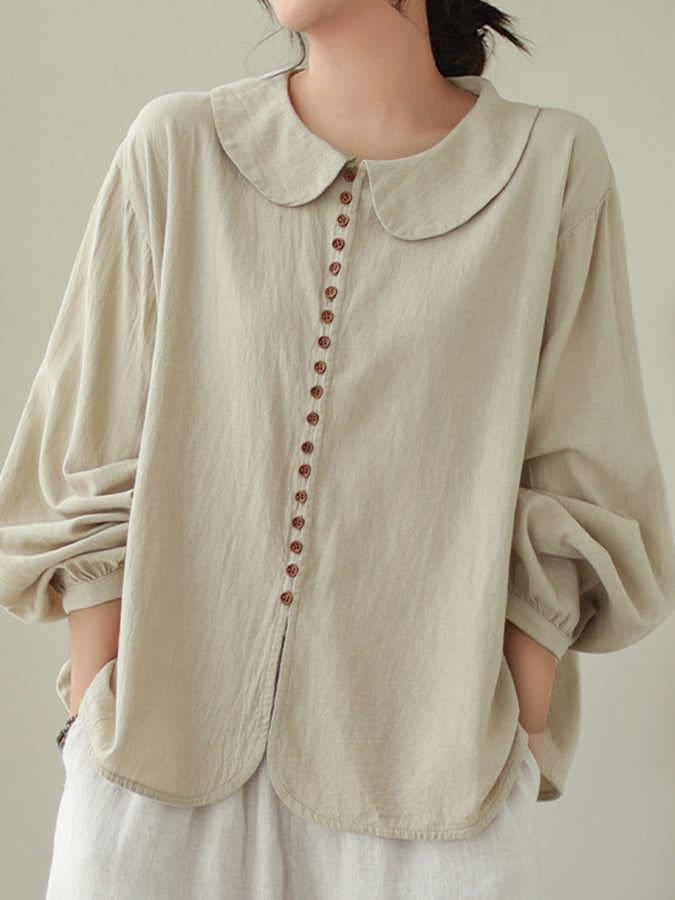 Women's Cotton Art Loose Button-Up Peter Pan Collar Long Sleeve Shirt-Comfort & Reliable