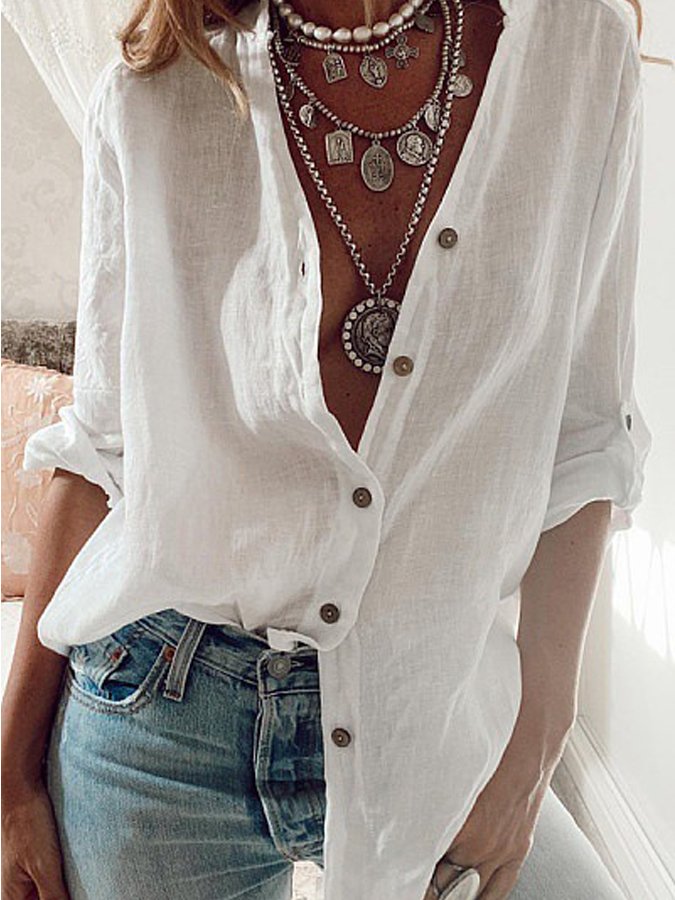 Ladies Cotton Linen Solid Color Pull-Sleeve Loose V-Neck Long-Sleeve Shirt-Comfort & Reliable