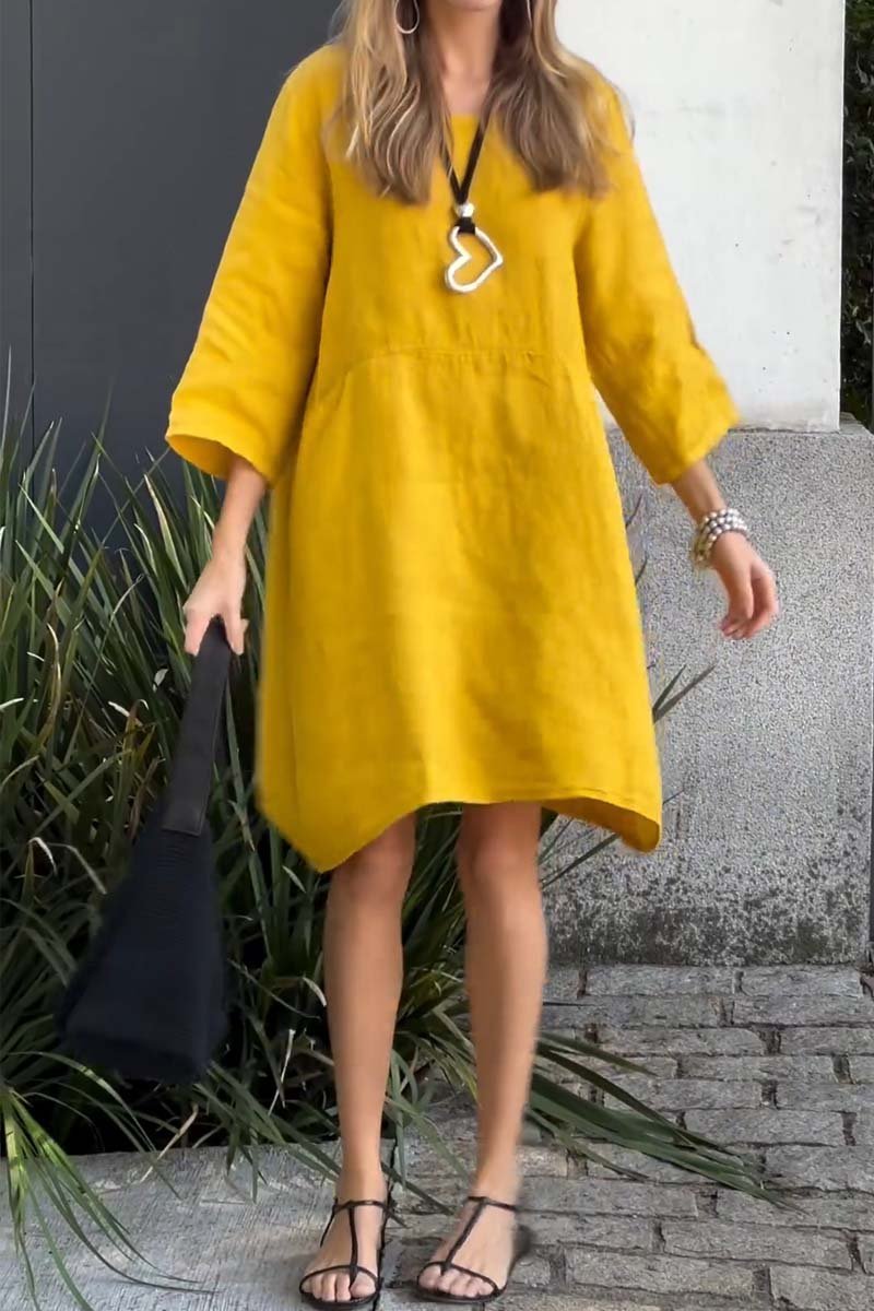 Casual solid color cotton and linen dress-Comfort & Reliable