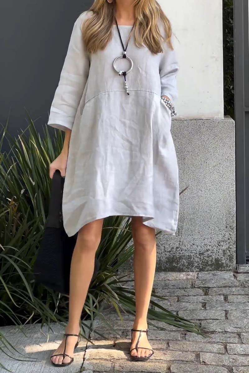Casual solid color cotton and linen dress-Comfort & Reliable
