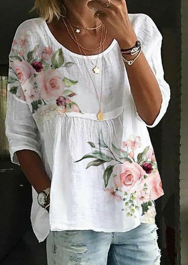 Pink Green Flower Print White Tunic Top-Comfort & Reliable