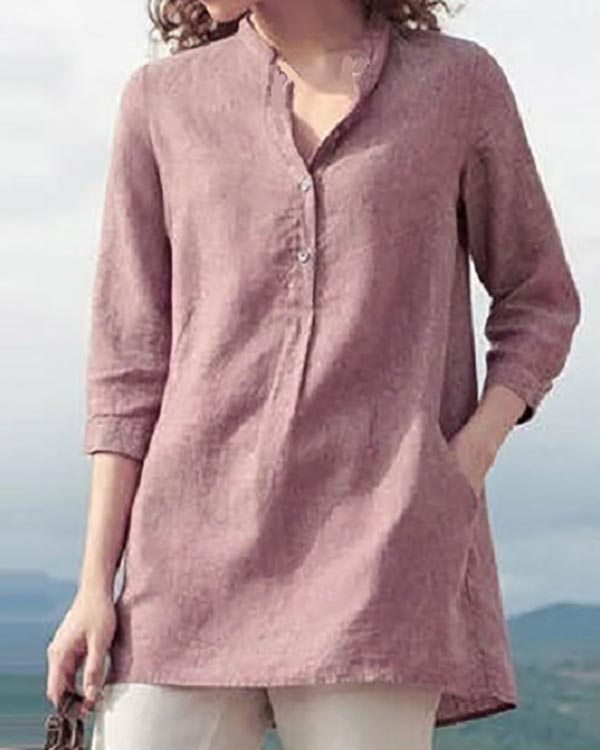 Solid Color Stand Collar Linen Casual Pullover Shirt Top-Comfort & Reliable