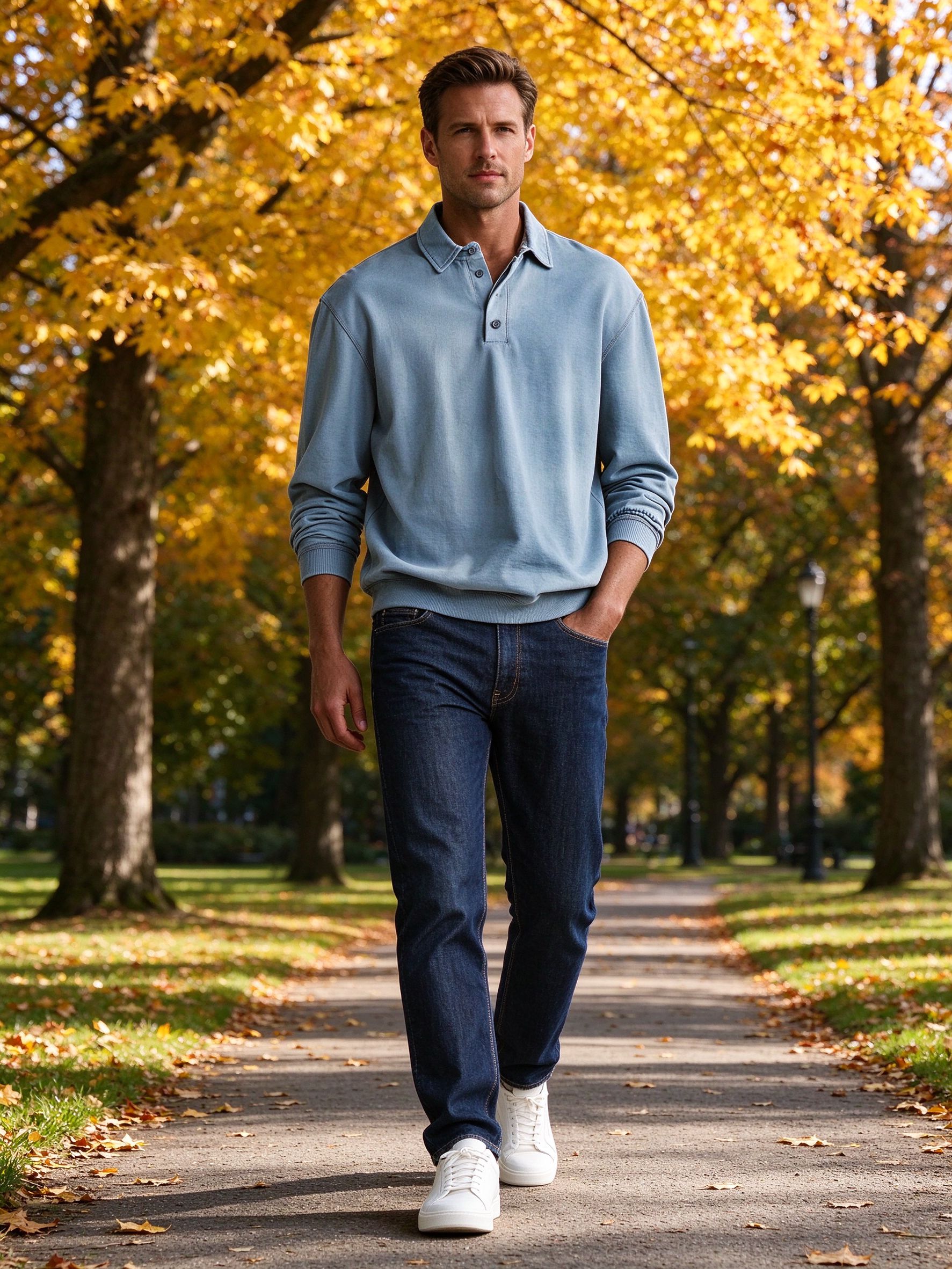 washed blue polo with raw denim on autumn path