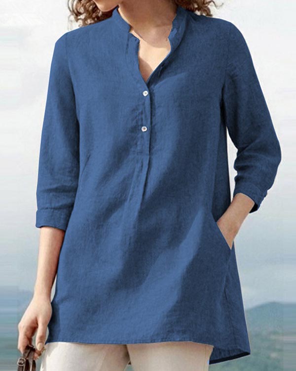 Solid Color Stand Collar Linen Casual Pullover Shirt Top-Comfort & Reliable