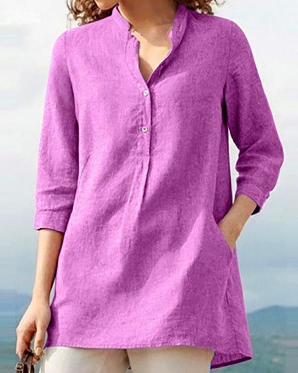 Solid Color Stand Collar Linen Casual Pullover Shirt Top-Comfort & Reliable