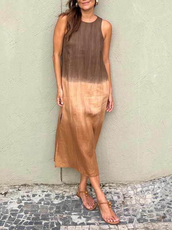 Women's casual cotton and linen sleeveless slit gradient tie-dye long dress-Comfort & Reliable