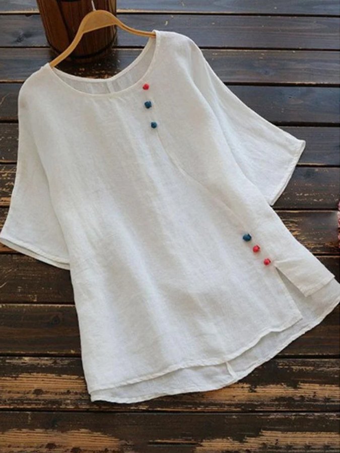 Women's Solid Cotton Linen Round Neck Split T-shirt-Comfort & Reliable
