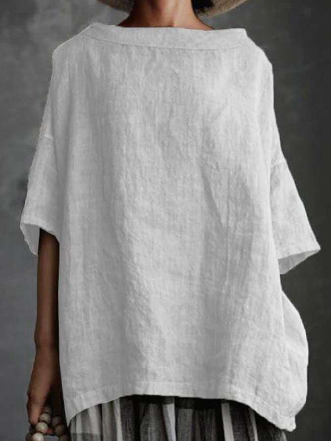 Ladies Cotton Linen Round Collar Loose Casual Shirt-Comfort & Reliable