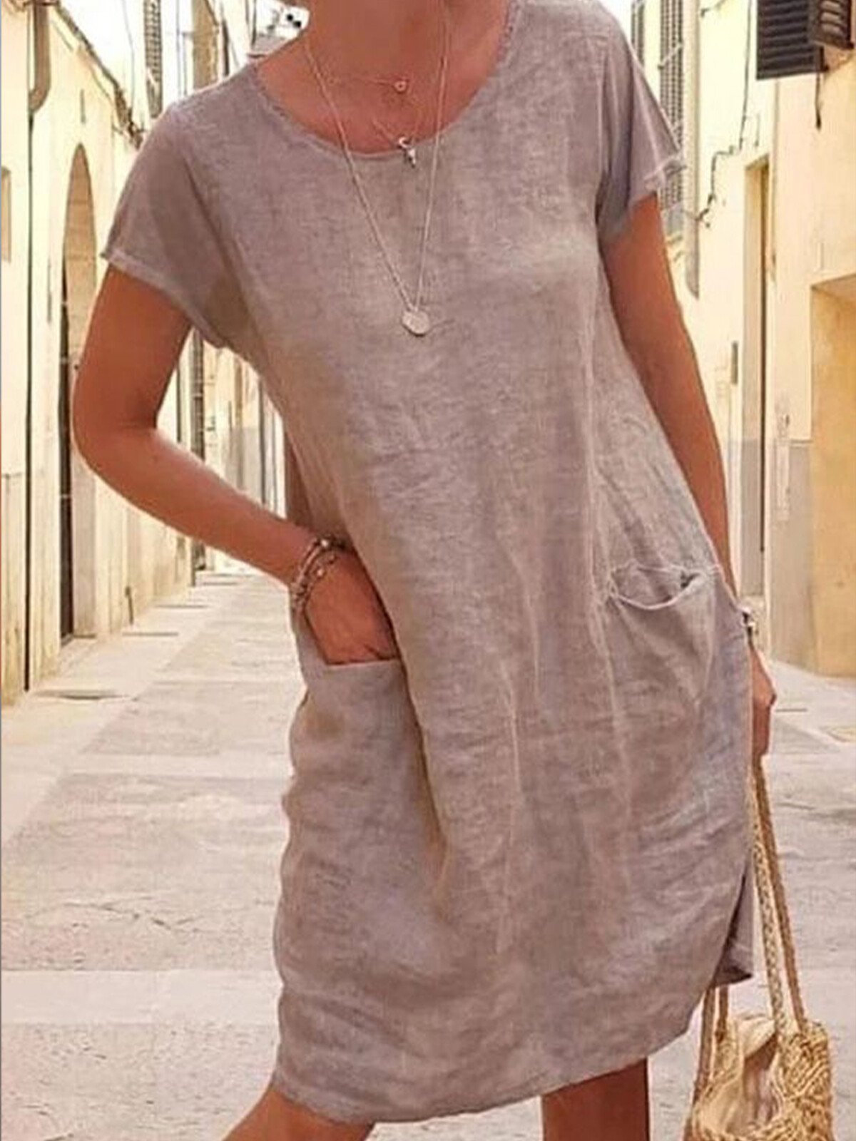 Loose Solid Color Pocket Short Sleeve round Neck Cotton and Linen Dress-Comfort & Reliable