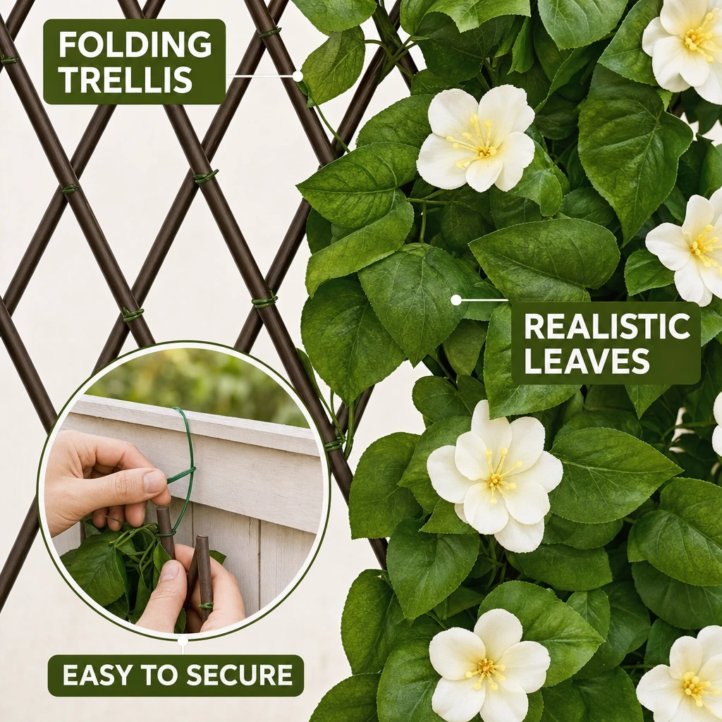 Close-up of brown lattice joints, faux leaves, flowers, and a hand securing the panel
