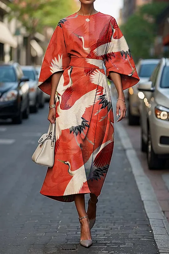 Women's Vintage Elegant Floral Print Midi Dress-Comfort & Reliable