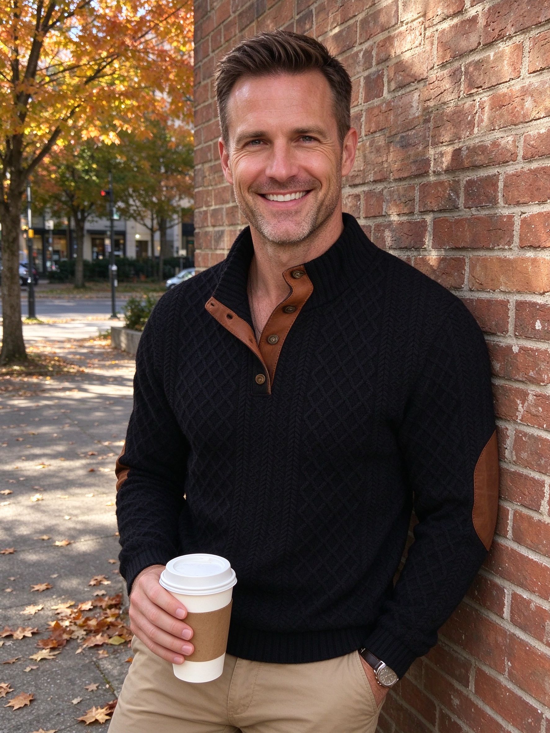black sweater brick wall selfie