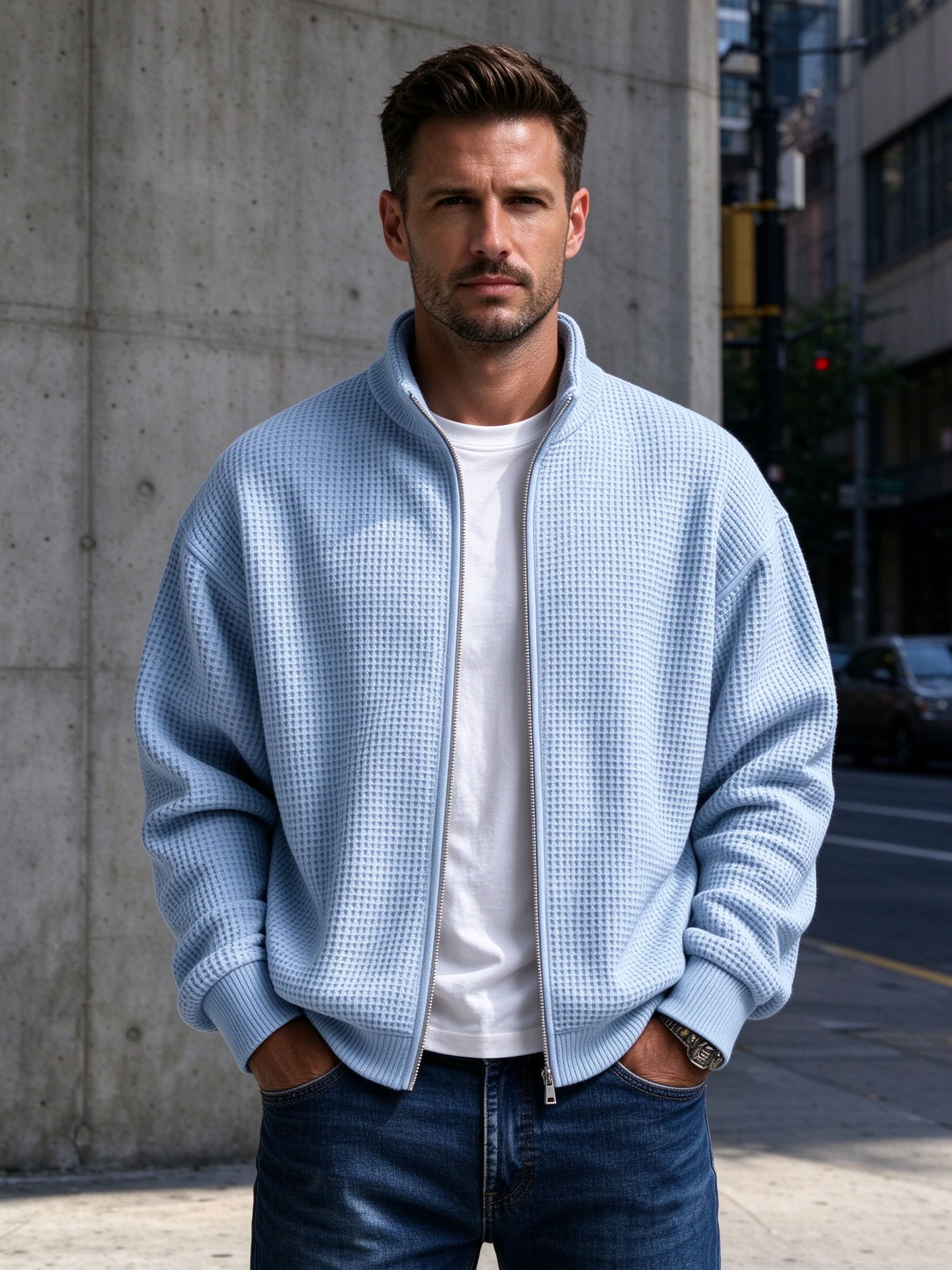 man in light blue waffle knit zip jacket on city street