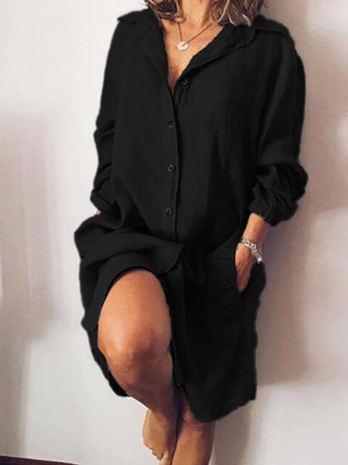 Women's Casual Pure Color Cotton Shirt Dress-Comfort & Reliable