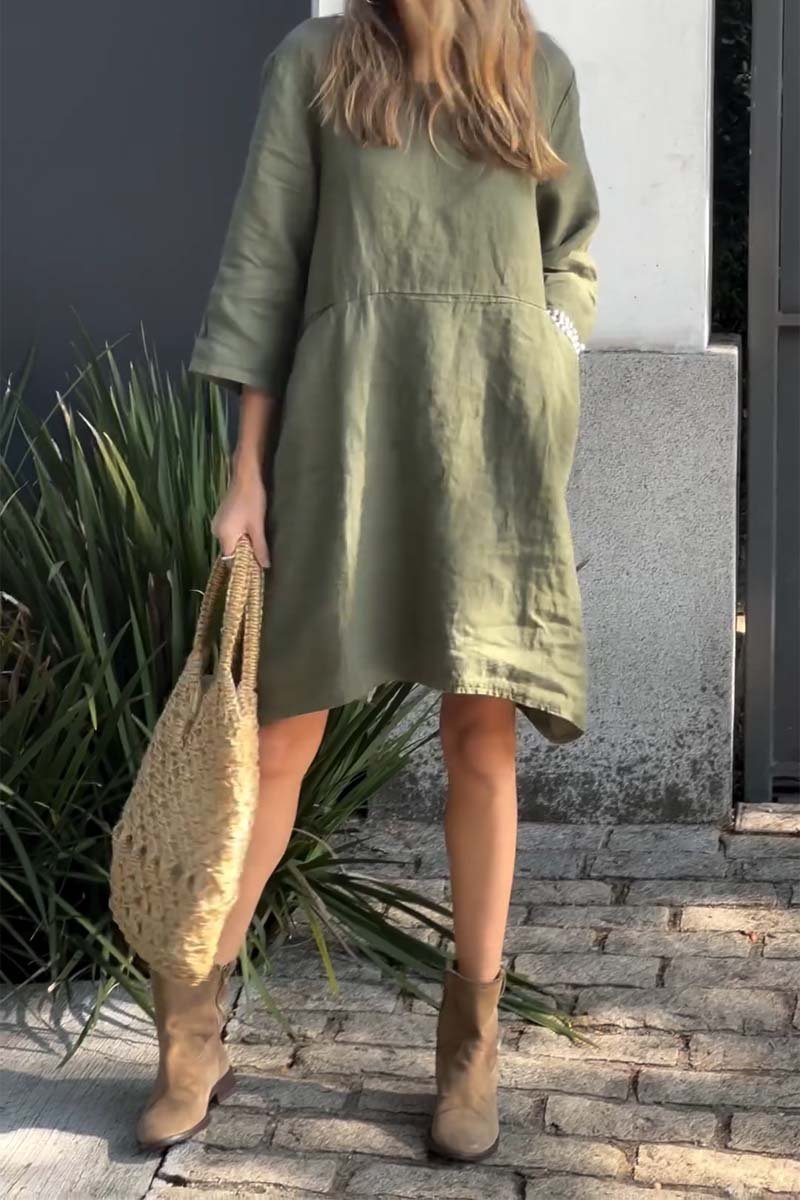Casual solid color cotton and linen dress-Comfort & Reliable