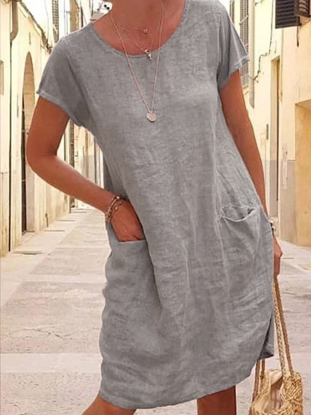 Loose Solid Color Pocket Short Sleeve round Neck Cotton and Linen Dress-Comfort & Reliable