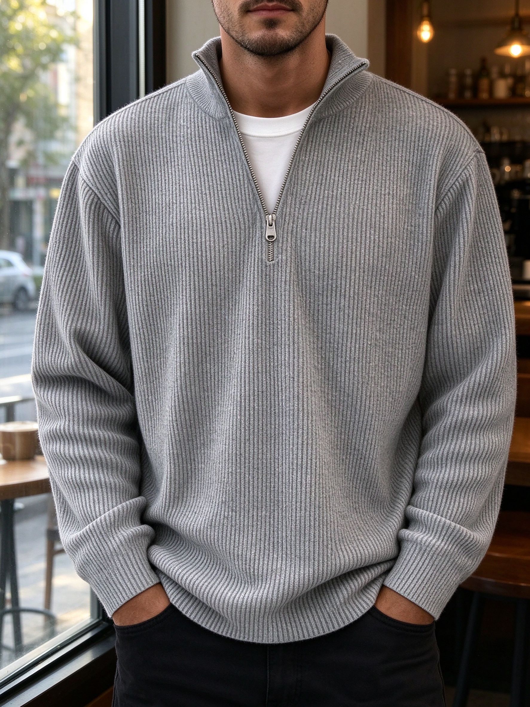 gray quarter-zip worn by model