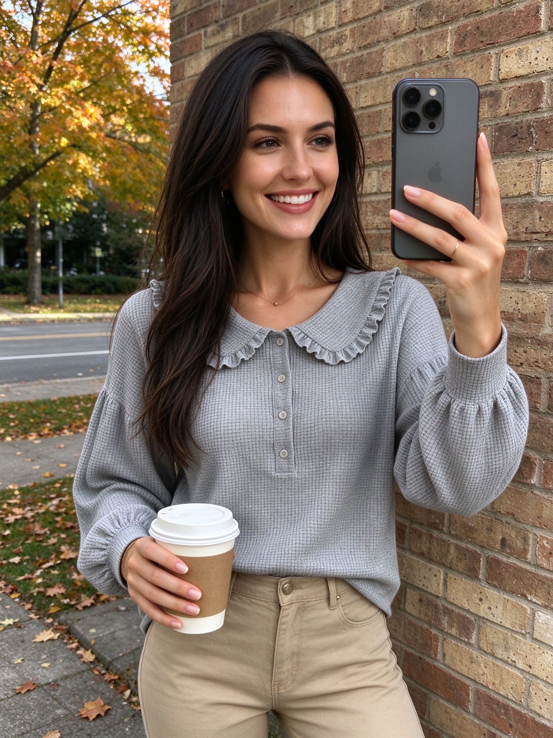 gray sweater brick wall selfie
