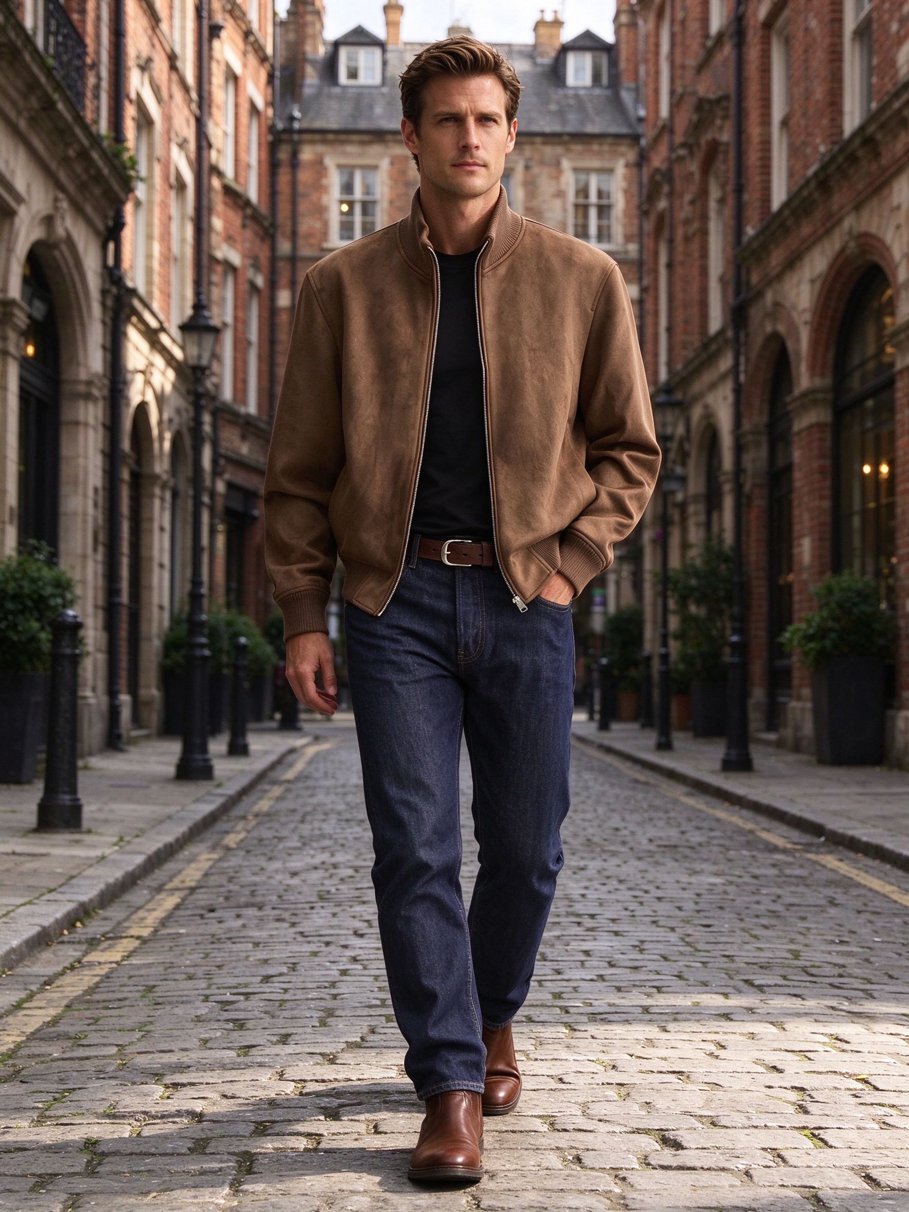 brown suede bomber with dark denim on cobblestone