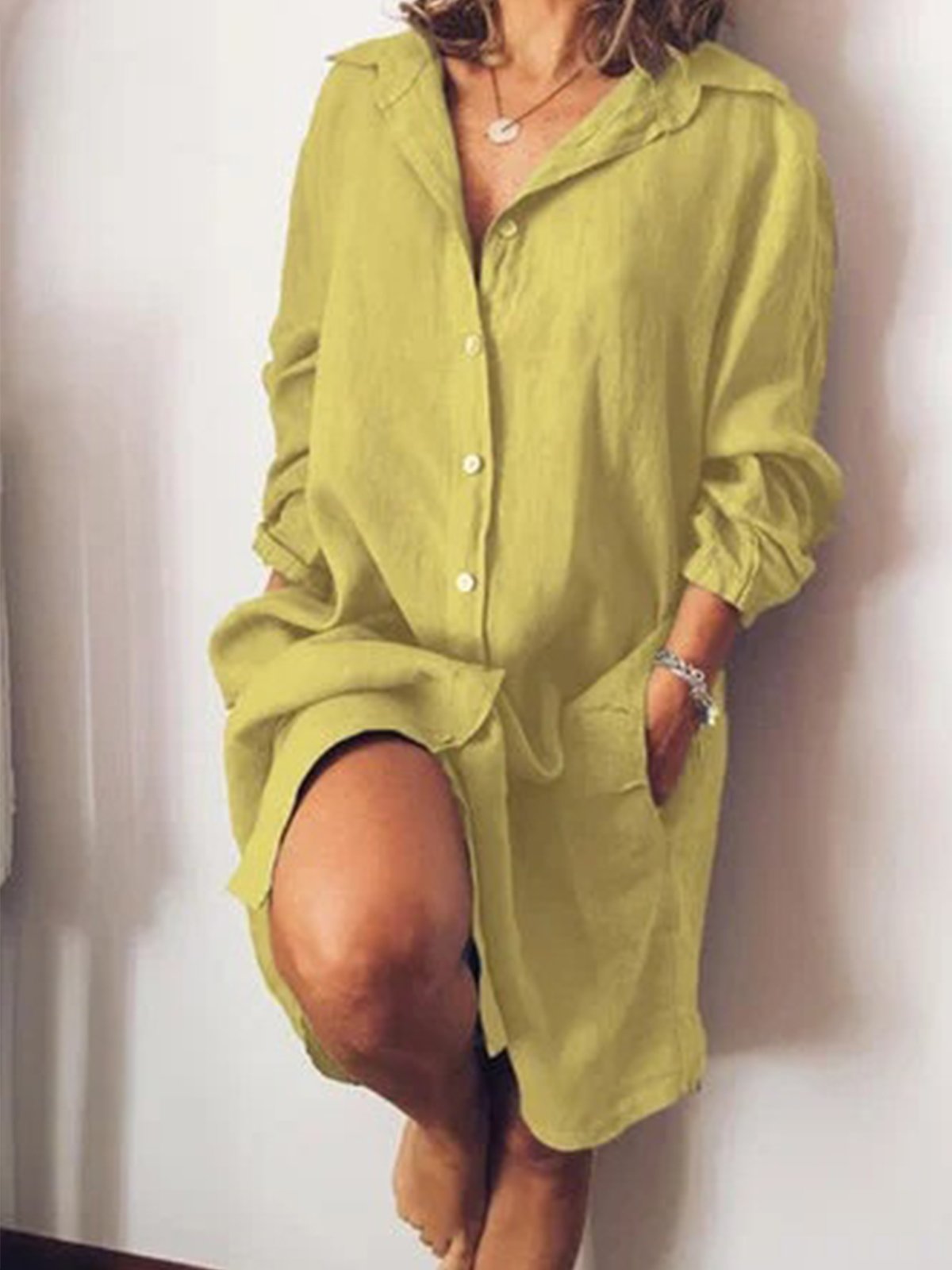 Women's Casual Pure Color Cotton Shirt Dress-Comfort & Reliable