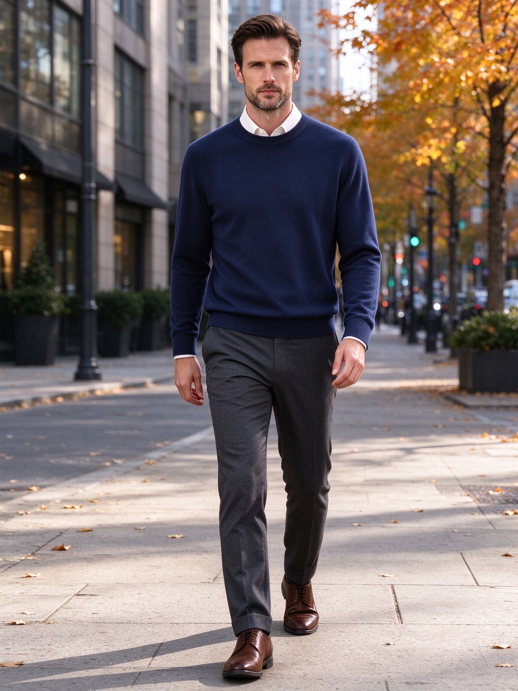 Man walking city street in navy crewneck over shirt and grey trousers