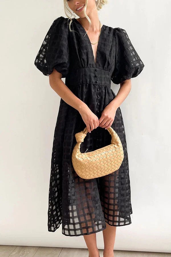 Beauty Square Patterned Fabric Puff Sleeve Midi Dress-Comfort & Reliable