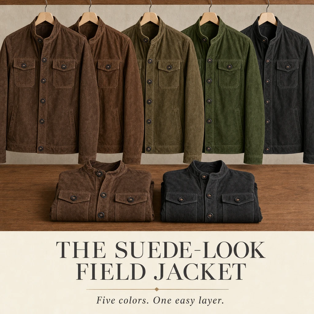 Editorial product detail 1 for the men's suede-look button-front field jacket