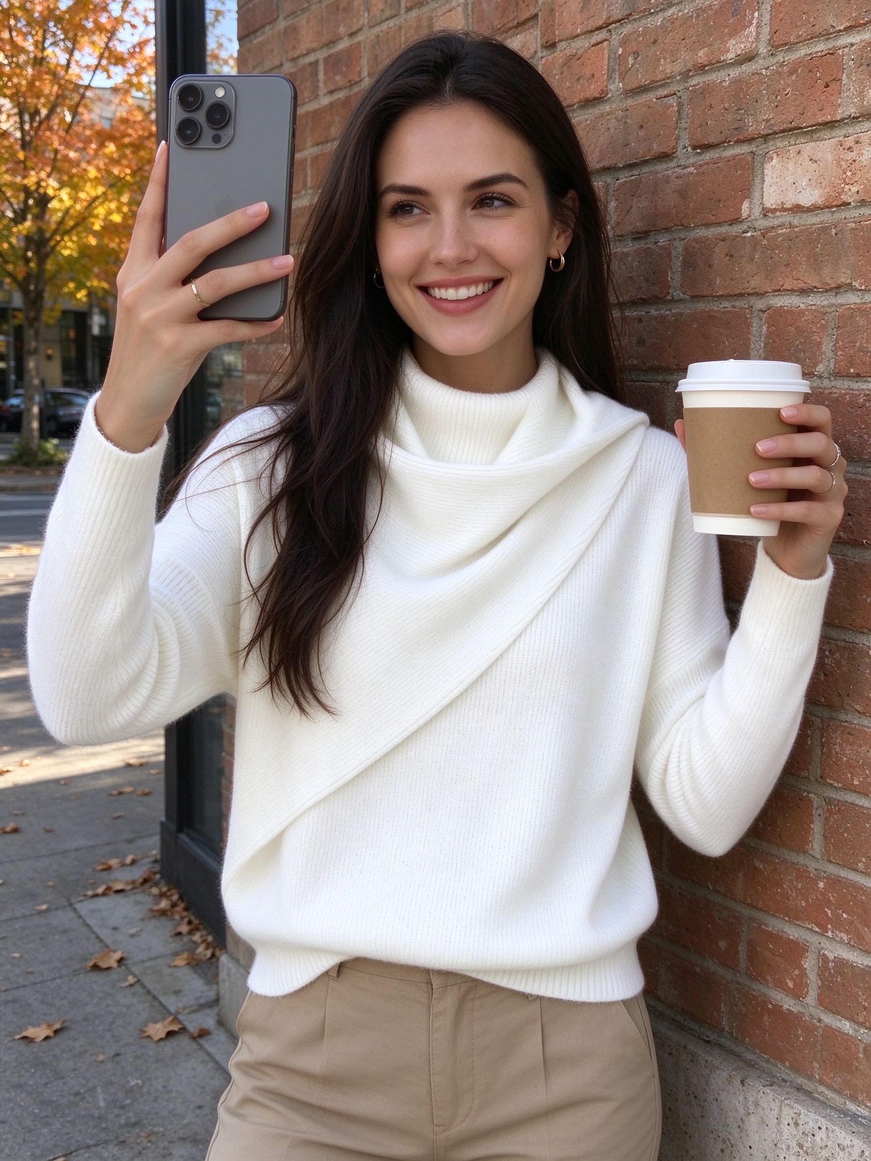 white sweater brick wall selfie