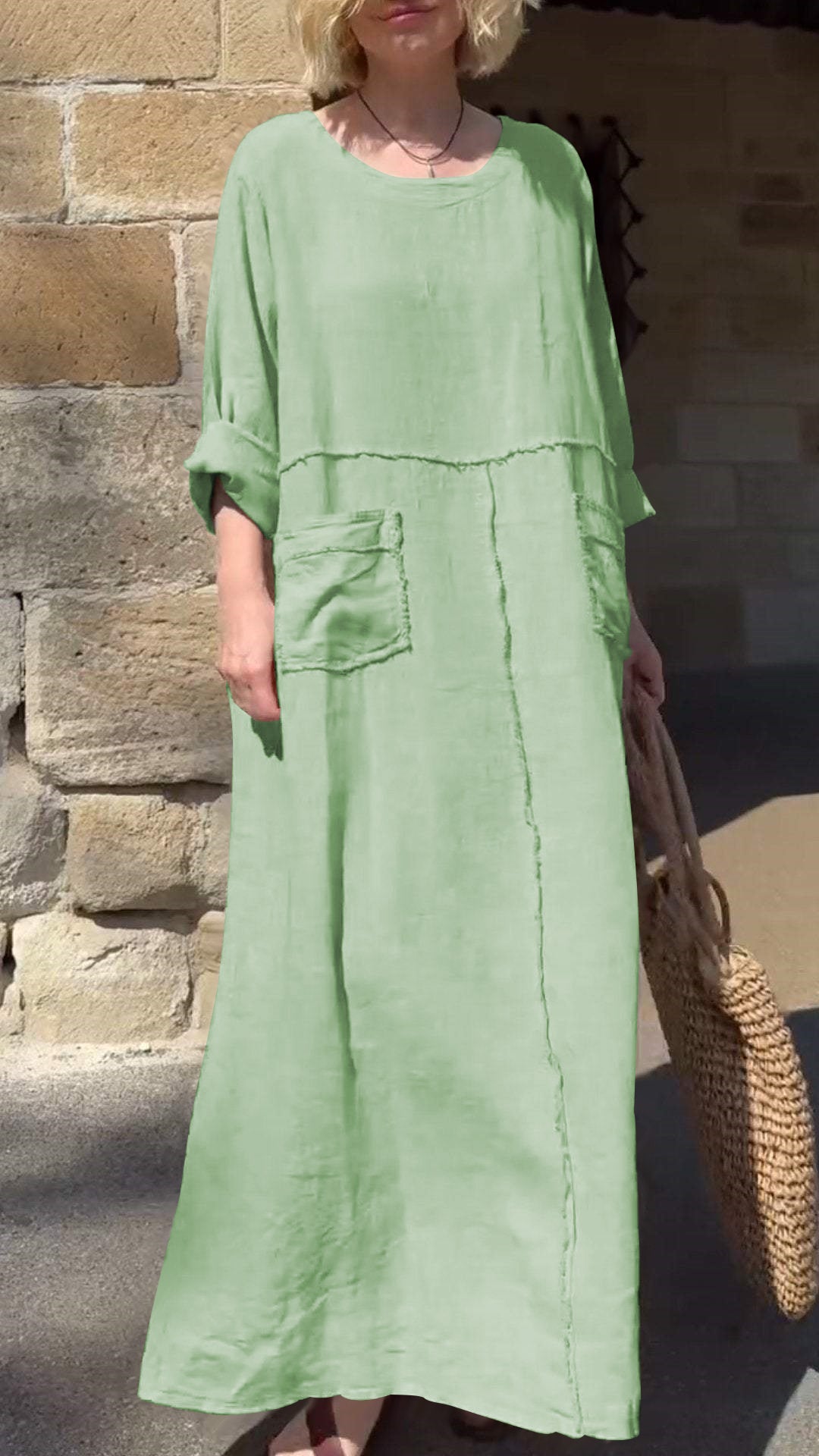 Round Neck Cotton and Linen Long Sleeve Casual Dress-Comfort & Reliable