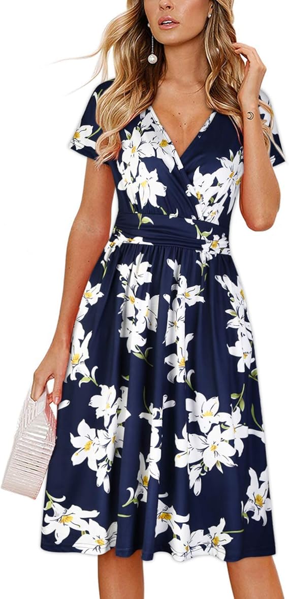 Women's Summer Short Sleeve V-Neck Floral Short Party Dress with Pockets-Comfort & Reliable