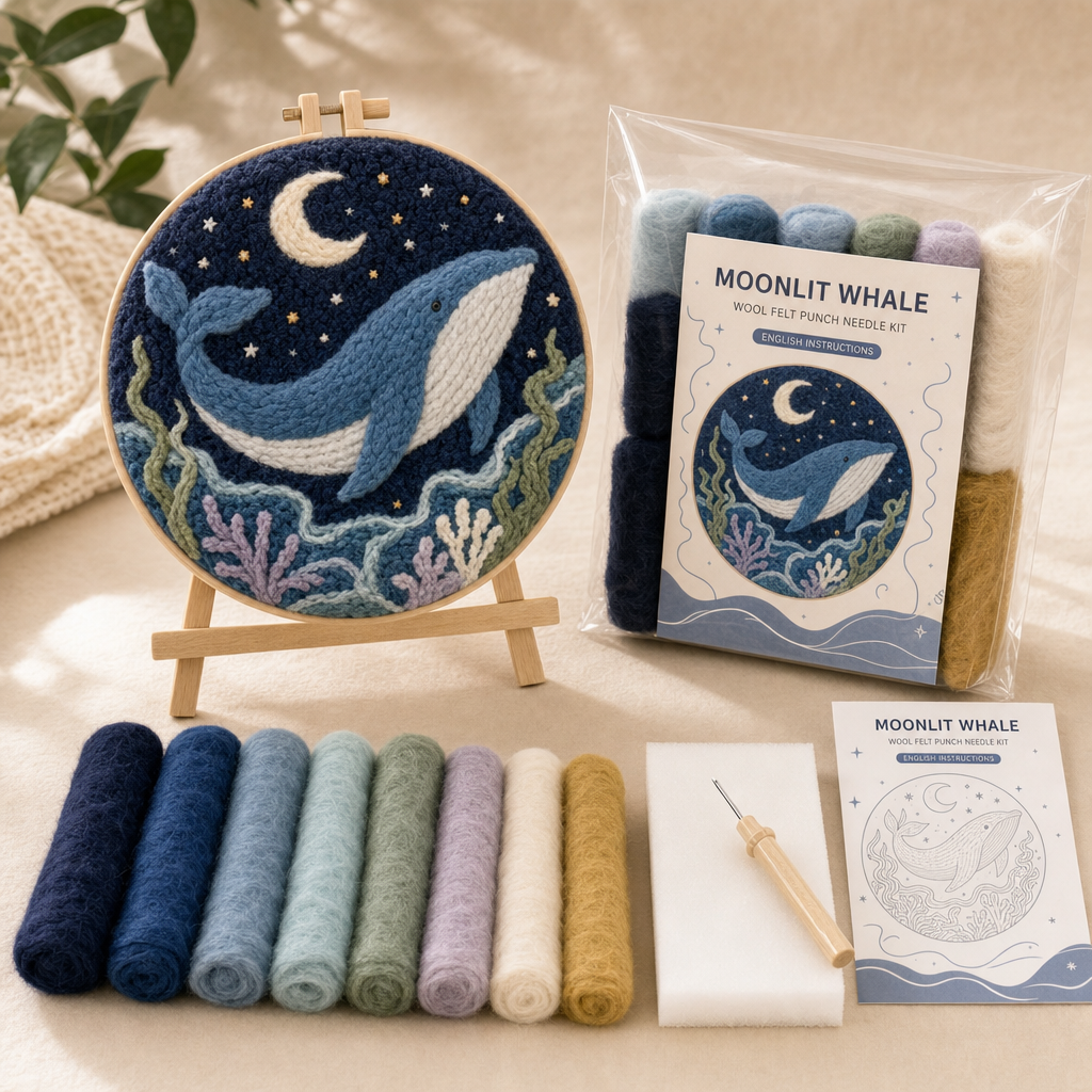 Moonlit Whale wool felt punch needle DIY kit with blue whale hoop, wool rolls and English guide