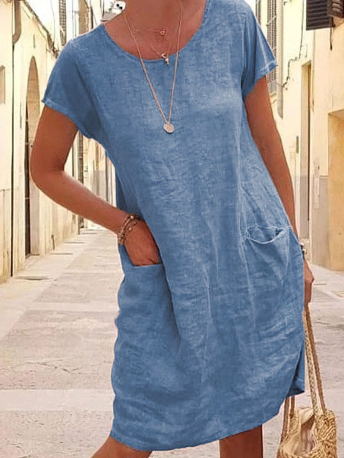Loose Solid Color Pocket Short Sleeve round Neck Cotton and Linen Dress-Comfort & Reliable