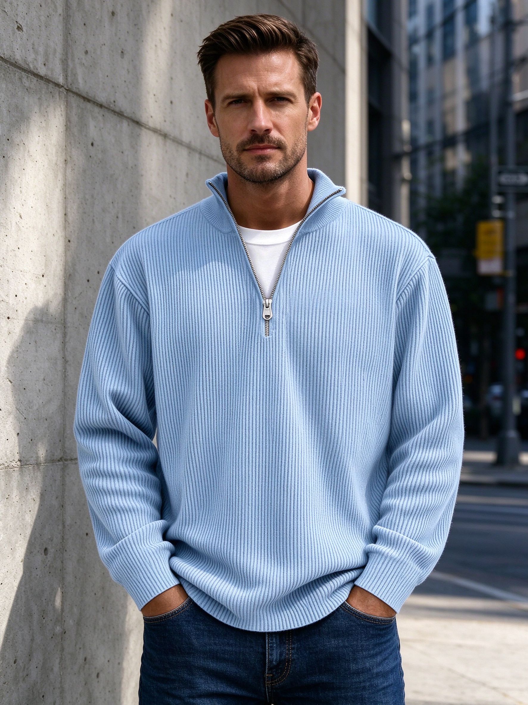 man in light blue quarter-zip knit on city street