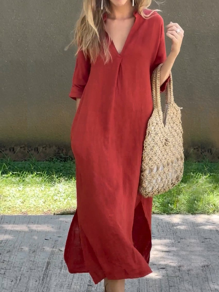 Women's Solid Color V-Neck Linen Pocket Dress-Comfort & Reliable