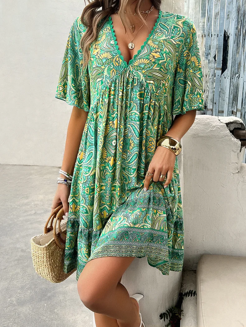 Women's Bohemian Contrast Print V-Neck Short Sleeve Dress-Comfort & Reliable