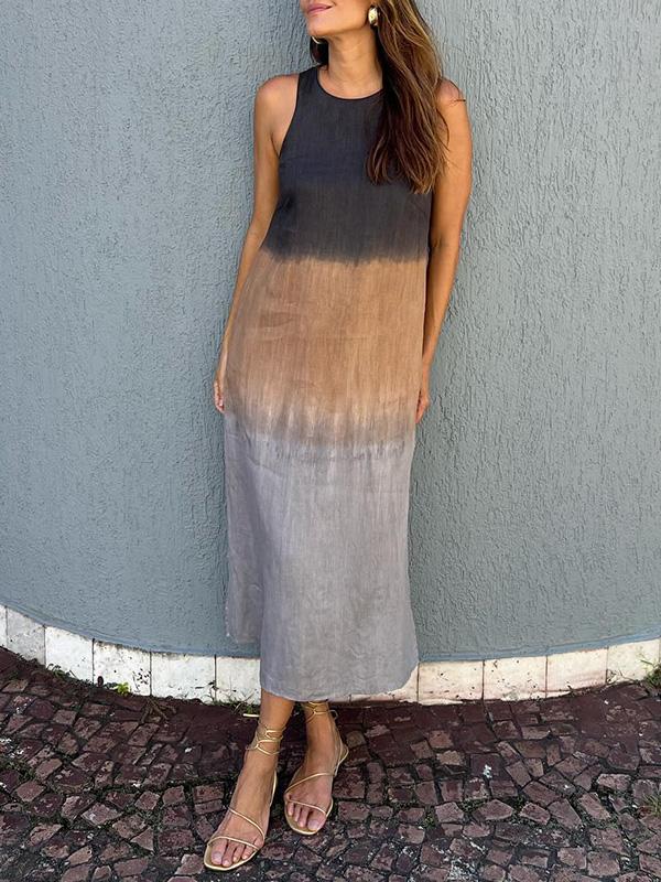 Women's casual cotton and linen sleeveless slit gradient tie-dye long dress-Comfort & Reliable