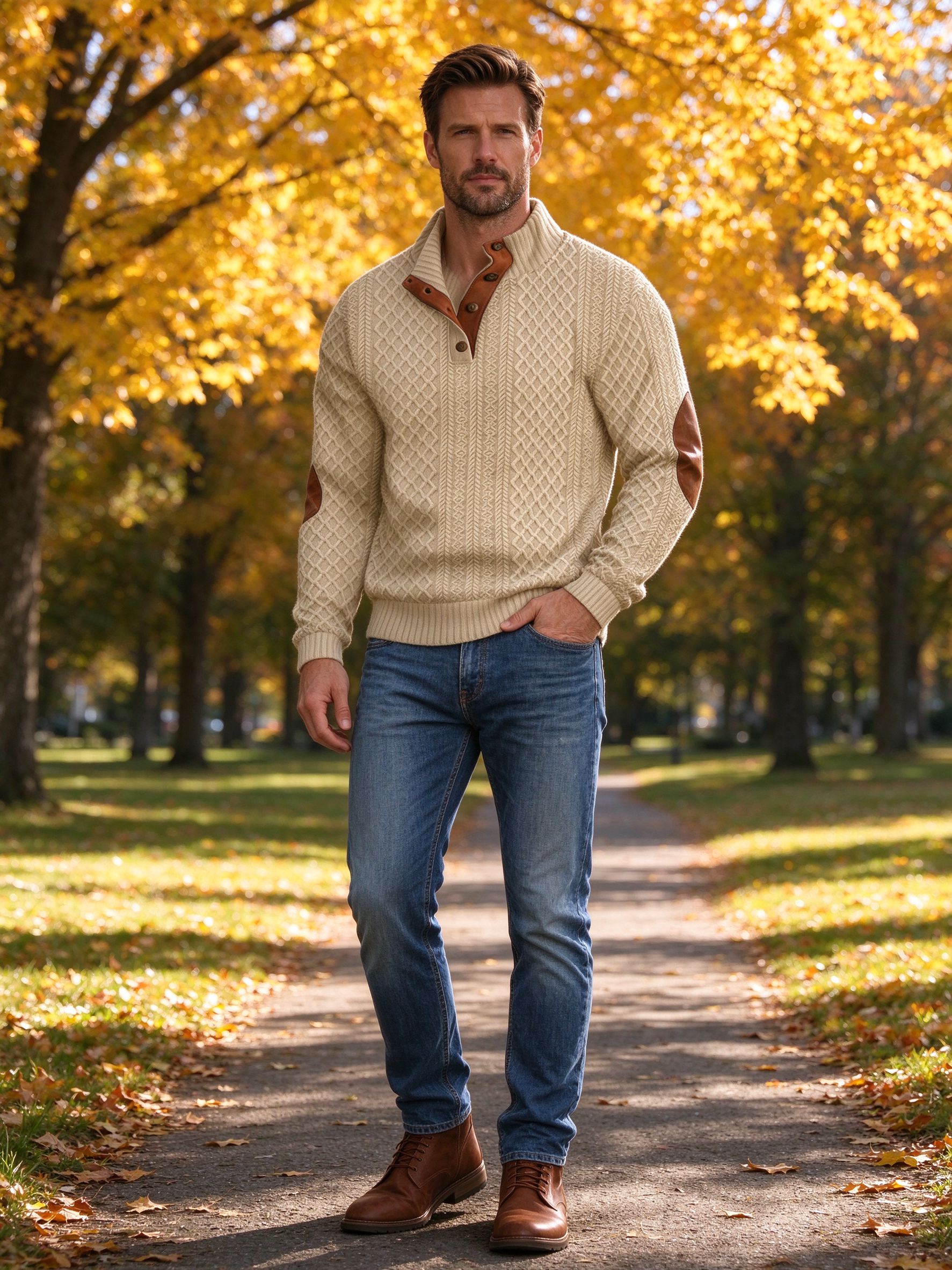man in beige cable knit sweater autumn park