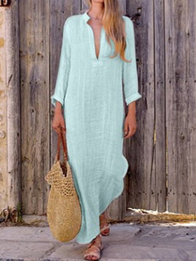 Women's Solid Color Deep V-Neck Slit Long Dress-Comfort & Reliable