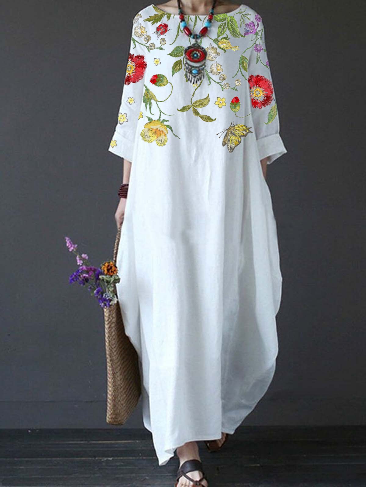 Women's Floral Print Cotton And Linen Loose Plus Size Dress-Comfort & Reliable