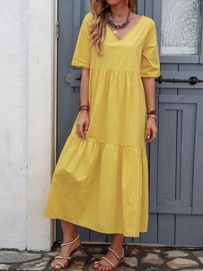 Women's Casual Solid Gathered Panel V-Neck Dress-Comfort & Reliable