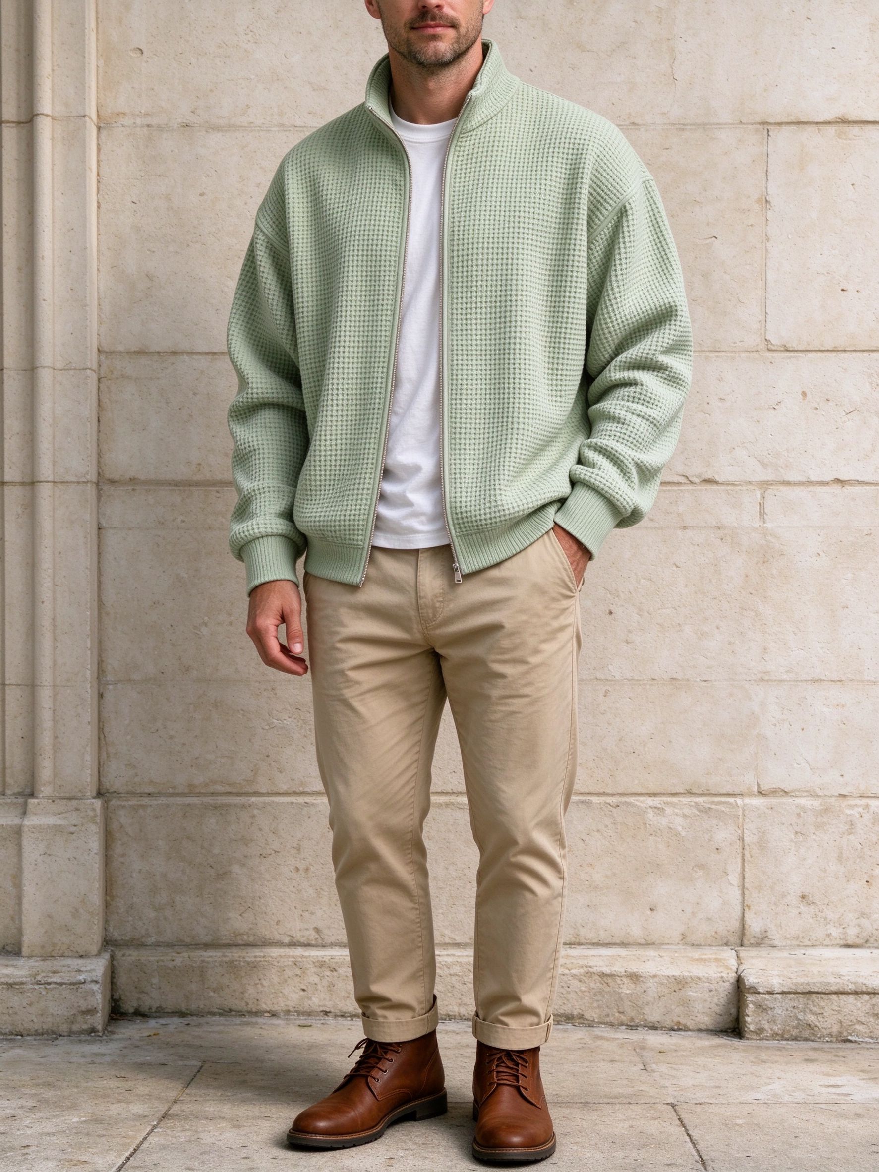 sage green waffle zip with sand chinos