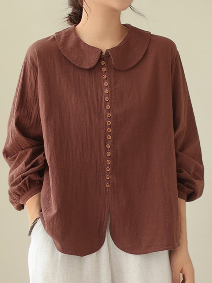 Women's Cotton Art Loose Button-Up Peter Pan Collar Long Sleeve Shirt-Comfort & Reliable