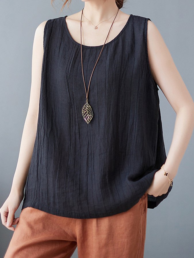 Women's Pure Color Sleeveless Cotton Linen Tee-Comfort & Reliable